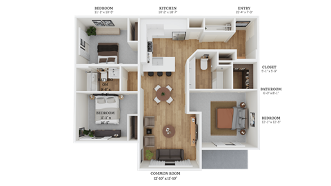 Floor plan for 3 beds, 2 baths, 1232 sqft